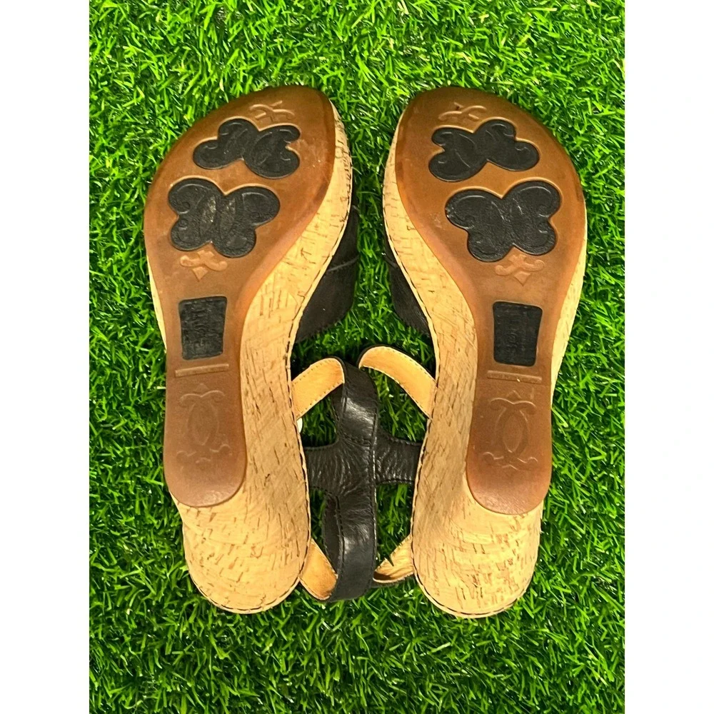 Born Womens Black Leather Cork Wedge Sandals Ankle Strap Platform Shoes Size 9